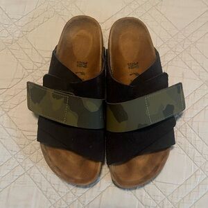 Birkenstock Kyoto Black Suede and Camo Sandals, Euro size 39, M 6, W 8.